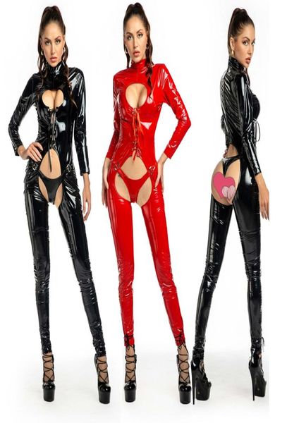 Mulheres sexy oco para fora látex catsuit pvc falso couro wetlook macacão traje exótico lingerie plutônio bodysuit clubwear macacão 9316111