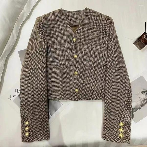 Giacca da bagno da donna Khaki Short Donna Autunno 2024 Stile inglese Coreano Chic monopetto con scollo a V Capispalla Semplice Cappotto di tweed