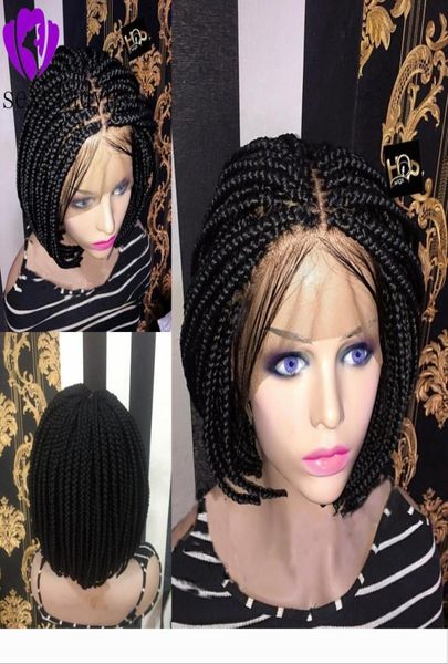 Parte média áfrica estilo feminino curto bob trançado caixa tranças peruca calor fibra sintética cabelo crochê curto peruca dianteira do laço com bebê h9342452