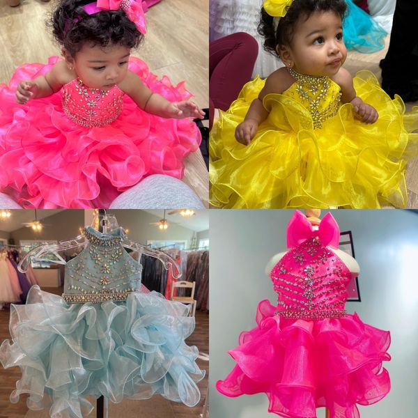 Vestido de concurso de menina cupcake 2024 com babados de cristal para criança pequena coquetel estrela em ascensão no palco vestido de dança formal para festa infantil flor meninas amarelo aqua neon rosa