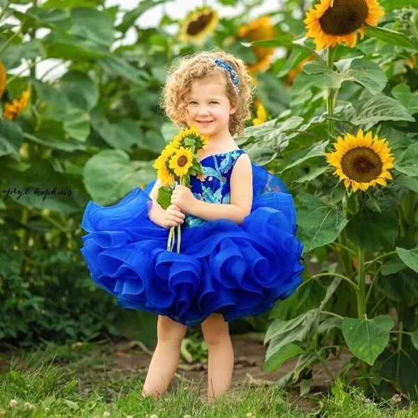 Abiti da ragazza Royal Blue Flower Lunghezza al ginocchio Principessa Bambini Neonate Primo abito da compleanno per la festa di nozze