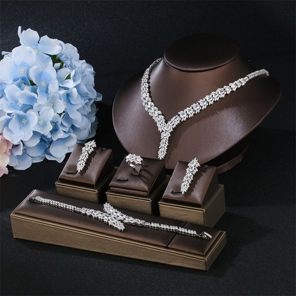 Hochzeit Schmuck Sets HIBRIDE Mode Blatt Design 4 stücke AAA CZ Frauen Braut Set Ohrring Halskette parrure bijoux femme mariage N 119 231025