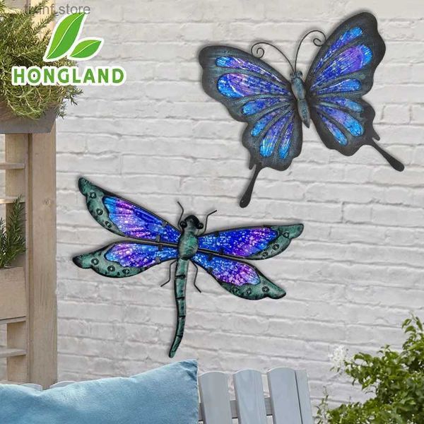 Decorações de jardim Hongland-metal borboleta libélula decoração de jardim escultura estátua para arte de parede ornamentos de pátio quintal 2 peças T240219