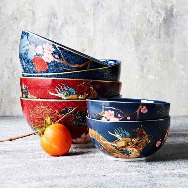 Bowls China Dragon ve Phoenix Light Luxury Serisi Seramik Sofra Evi Pirinç Kase Ramen Meyve Salatası Çöp Çorbası