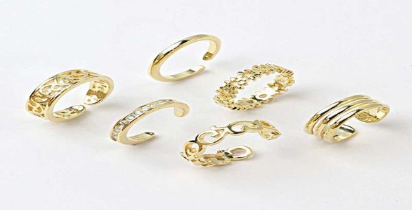 6 pezzi anello in oro regolabile per la punta per le donne ragazza nodo inferiore semplice nocca impilabile fascia aperta coda gioielli piede hawaiano5765726