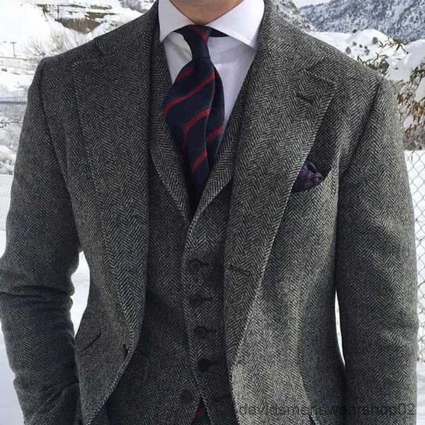 Erkekler Blazers Gri Yün Tüvit Kış Men Düğün Resmi Damat Smokin Moda 3 Parça (Ceket +Yelek +Pantolon +Kravat)