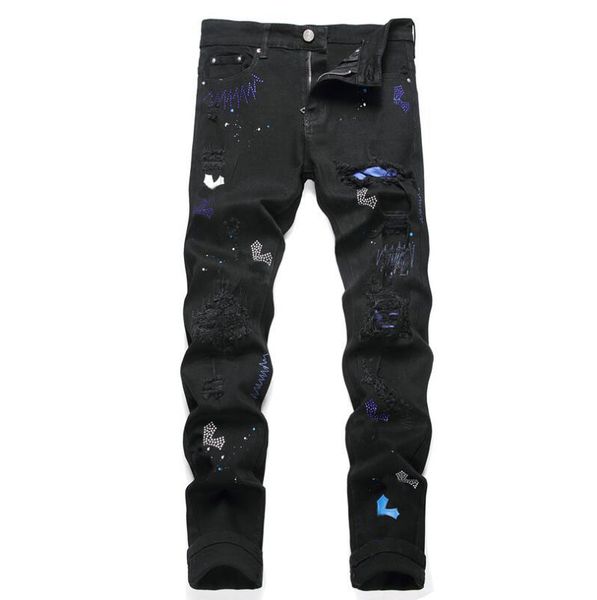 Jeans masculinos strass design marca homens masculino luz preto y2k high street denim pintura graffiti padrão danificado rasgado calças magras