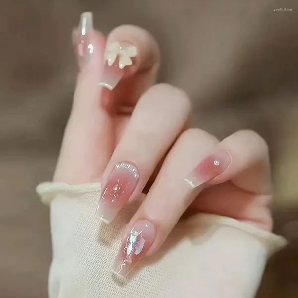 Unhas Falsas Bonito Rosa Doce Princesa Removível Artesanal Desgaste Nail Art Vitalidade Menina Curto Falso Blush Bow Patch