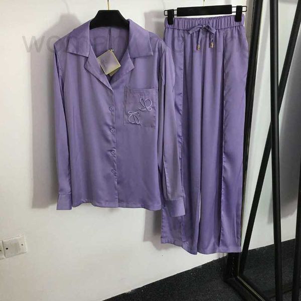 Женский дизайнерский осенний домашний пижамный комплект для сна с вышитым нагрудным карманом, рубашка с длинными рукавами и кулиской, эластичная резинка на талии, широкие брюки OVH7
