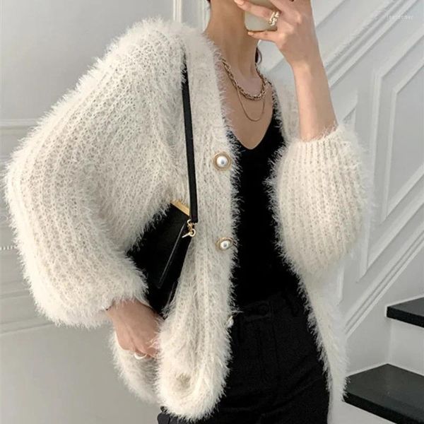 Cardigan da donna con scollo a V autunno/inverno lavorato a maglia in mohair, giacca maglione monopetto allentato alla moda, uncinetto spesso