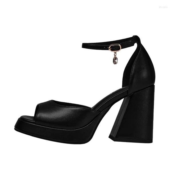 Sandálias Moda Peep Toe Mulheres Grosso Salto Cristal Pingente Decoração Elegante Design Vestido Macio Confortável