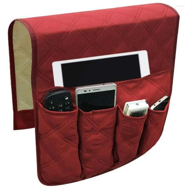 Sacos de armazenamento Bolsos de cama Sofá Braço Organizador Pendurado Saco com tubo de PVC Grande capacidade Suporte de controle remoto de TV