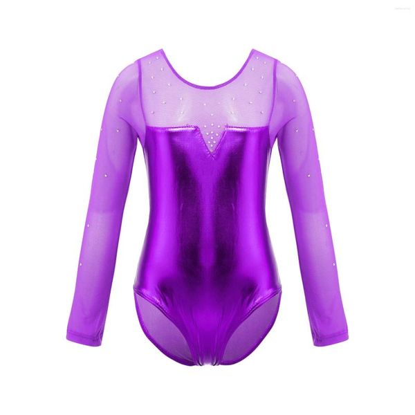 Abbigliamento da palco Bambina per bambini Balletto Danza Ginnastica Body Pattinaggio di figura Performance Costume Manica lunga Tuta metallica con strass lucidi