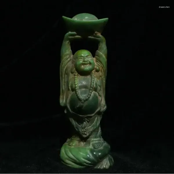 Dekorative Figuren, alte chinesische natürliche grüne Jade, Schnitzerei, Reichtum, glückliches Lachen, Maitreya-Buddha-Statue