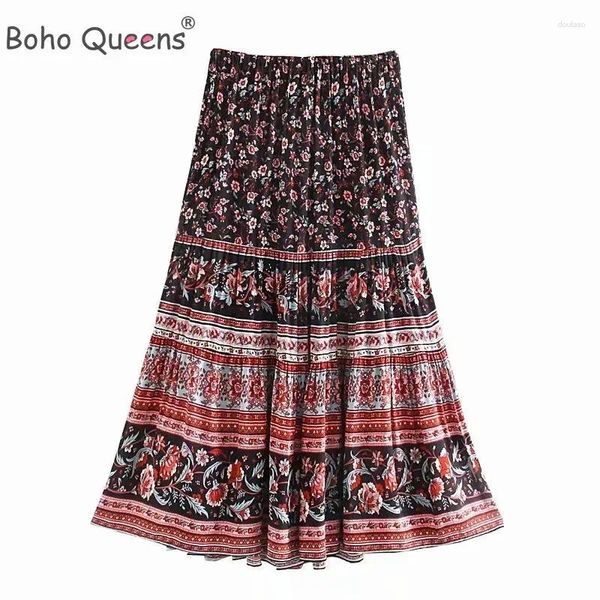 Etekler boho queens moda hippi kadın plaj bohem siyah çiçek baskı etek yüksek elastik bel a-line midi femme