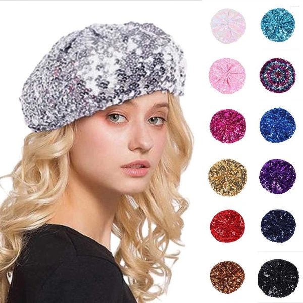 Boinas Mulheres Brilhantes Lantejoulas Chapéu Espumante Glitter Caps Jazz Dança Boina Francesa Boné Redondo Senhoras Beanie Acessórios de Moda Gorros