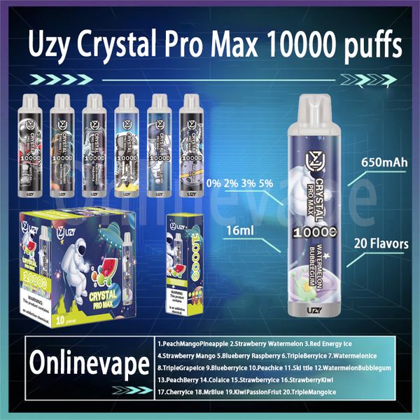 Uzy Crystal Pro MAX 10000 Puf Puf Tek Kullanımlık E Sigara 1.2ohm Mesh Bobin 16ml Pod Pil Şarj Edilebilir Elektronik CIGS Puff 10K 0% 2% 3% 5% RBG Işık Vape Kalem 12 Flavors