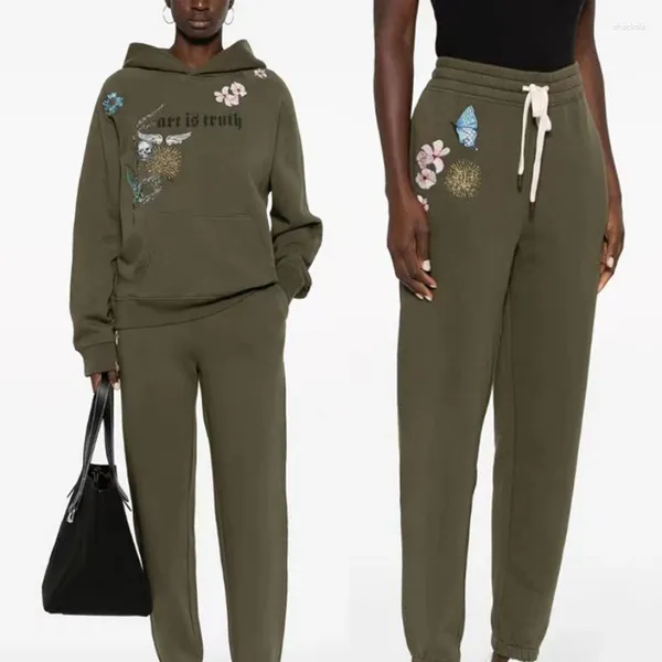 Pantaloni da donna Pantaloni sportivi in pile con motivo ricamato Pantaloni verde militare Vita elastica Pantaloni sportivi da donna/Felpa con cappuccio