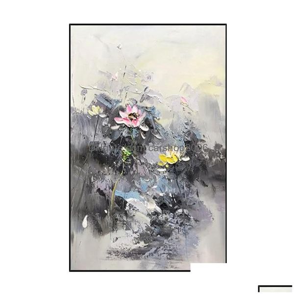 Картины ручной работы, китайский черно-белый цветок, абстрактный нож, картина маслом на холсте, современное настенное искусство, гостиная, домашний декор, падение Dhrsg