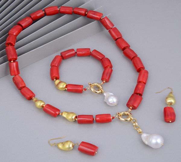 Guaiguai joias natural branco barroco pérola vermelho corais banhados a ouro contas escovadas colar pulseira brincos conjuntos para mulheres 1894593