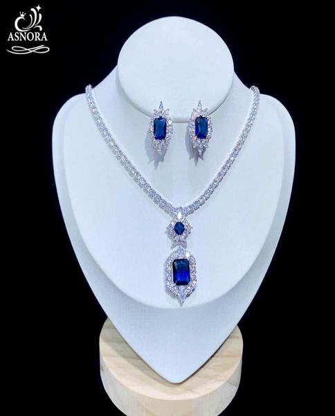 Brincos colar asnora brilhante zircão cúbico conjunto de jóias de casamento azul real vestido de noite acessórios x08259382445