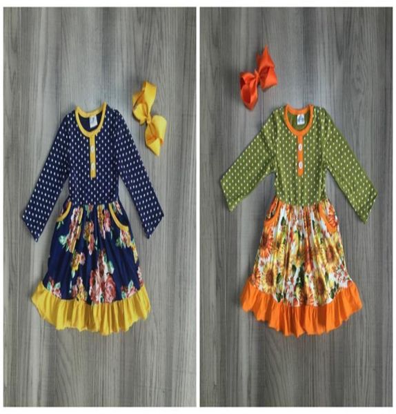 Outono inverno bebê meninas roupas crianças mostarda laranja marinho flor vestido leite seda algodão plissado boutique combinar arco na altura do joelho Y22349256