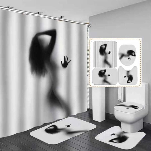 Nackte Frauen Schatten Duschvorhang mit Haken Sexy Mädchen Badezimmer Set rutschfester Teppich Toilettendeckel Pad Badematte für Heimdekoration 210609217l