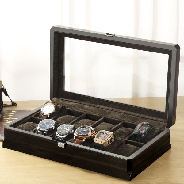 Luxo caixa de relógio de madeira caso caixa de exibição de caixão de madeira pura relógios organizador quadrado armário de vidro embalagem 12 assento caixa de armazenamento homem 240122