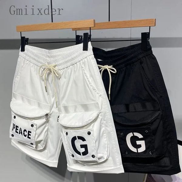 Gmiixder jaqueta e shorts masculinos elegantes e soltos, shorts casuais personalizados Safari com vários bolsos e meias calças para homens na Coreia do Sul 240219