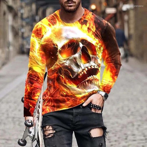 T-shirt da uomo T-shirt moda 3D Flame Skull Stampa grafica Manica lunga Girocollo Abbigliamento Street Trend Y2k Top