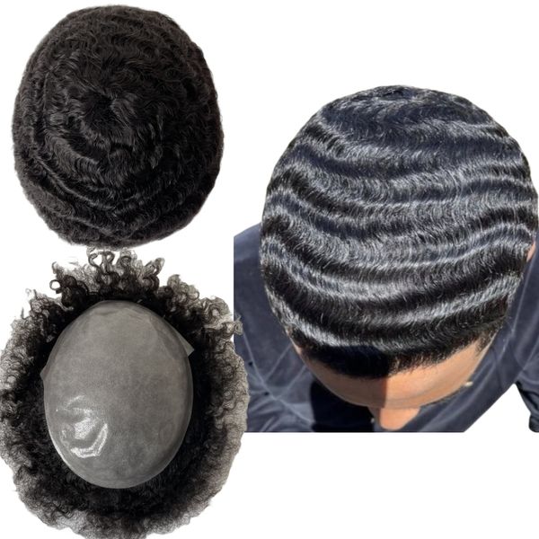 Substituição de cabelo humano virgem indiano 1 # jet black cor 12mm onda nós unidade de pele 8x10 peruca completa pu para homens negros