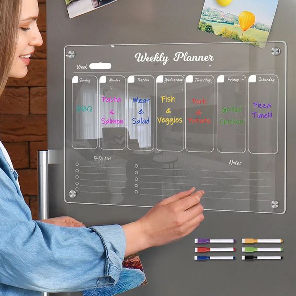 Calendário magnético de acrílico para geladeiras planejador semanal quadro branco refrigerante acrílico transparente decoração de casa com 6 marcadores apagáveis 240219