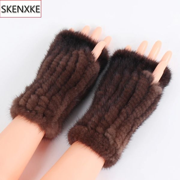 Luvas femininas reais de malha de pele de vison luvas sem dedos luvas de inverno forte elasticidade luvas de pele real para senhoras frio weather240125