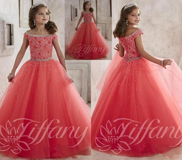 Abiti da spettacolo per bambine indossano nuove perline di cristallo con spalle scoperte Tulle corallo Abito da festa formale per adolescenti Abiti da bambina con fiori 5959229