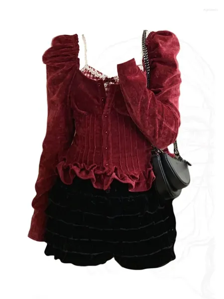 Camicette da donna Harajuku colletto quadrato in pizzo rosso eleganti camicie da ufficio vintage da donna di lusso maniche a sbuffo scozzesi top corto streetwear dolce