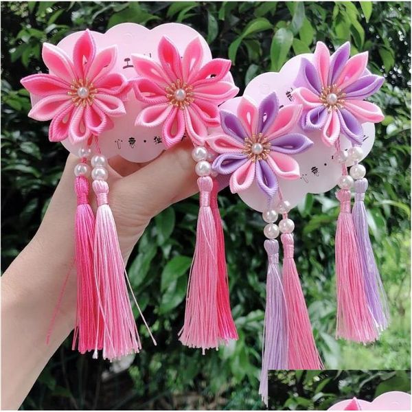 Acessórios de cabelo Retro Color Matching Espada Crisântemo Flor Hairpin Tassel Crianças Princesa Headdress Hanfu Drop Delivery Baby K Otkq8