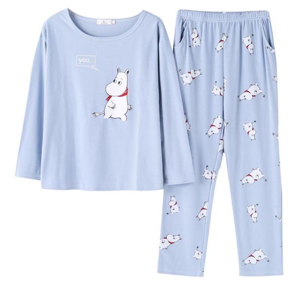 Novo bonito pijamas femininos conjuntos de pijama feminino hippo impressão manga longa em torno do pescoço calças azuis conjunto de pijama tamanho grande mxxl sleep lounge7562171