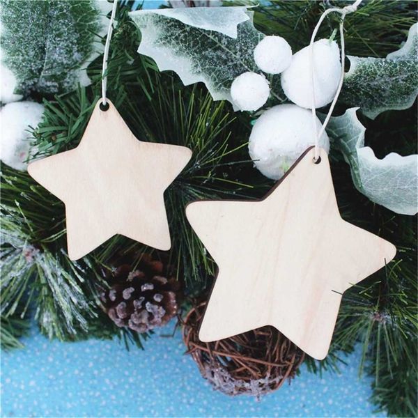 10 Stück unvollendete Stern-Hängeornamente aus Holz mit Löchern und natürlicher Juteschnur für DIY-Kunsthandwerk, Weihnachtsfeierdekorationen194N