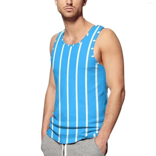 Herren-Tanktops, vertikal gestreift, Sommer-Oberteil, blau und weiß, für Workout, individuelle Muskel-Westen für Herren, Übergröße 4XL 5XL