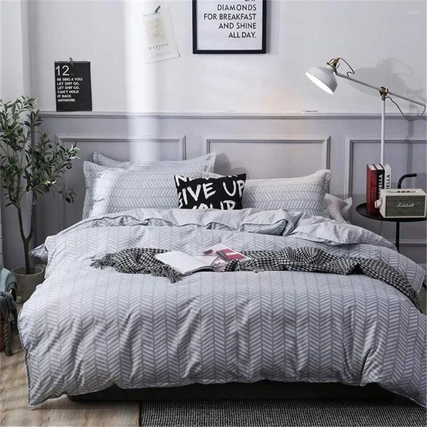 Conjuntos de cama Stripe Modern Duvet Cover Twill Set Geométrico Branco e Cinza Afligido Rugby Stripes Imprimir Tons Reversíveis Cinza