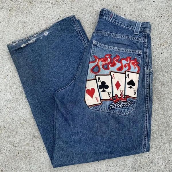 Jeans masculinos y2k harajuku retro hip hop poker gráfico azul baggy denim calças homens mulheres gótico cintura alta calças largas