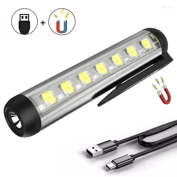 Lanternas tochas mini trabalho luz brilho iluminação lanterna acampamento ao ar livre portátil caneta clipe lado com forte adsorção magnética cob