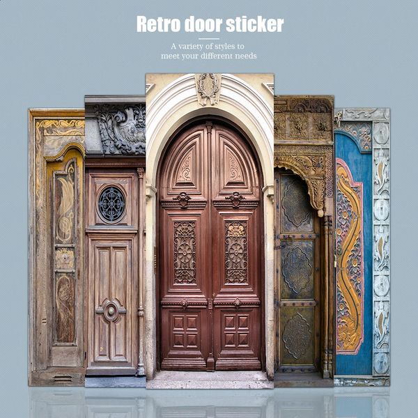 2 pçsset retro simulação porta de madeira diy arte mural adesivos sala estar quarto corredor decoraion casca vara papel parede 240129