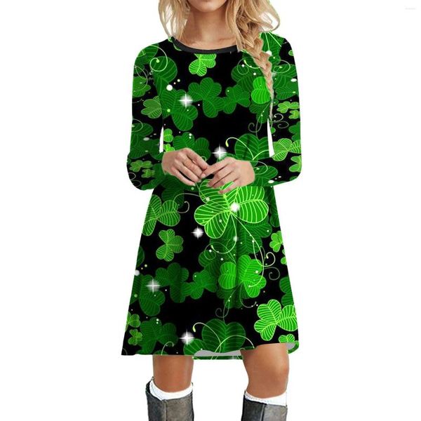 Lässige Kleider St. Patricks Day Frauen Langarm O-Ausschnitt Irish Festival Green Shamrock Clover Kleid Vierblättriges kniehohes Vestidos