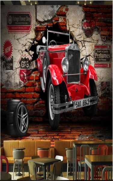 3D-Tapete, benutzerdefiniertes PO-Wandbild, 3D-Stereo-Vintage-Oldtimer-Auto, gebrochene Wand, Restaurant, El-Wandbilder, Tapete, 3D-Landschaftswand, T4247293