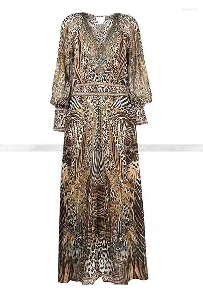 Vestidos casuais femininos com decote em V manga comprida estampa leopardo vestido maxi de seda com contas pesadas