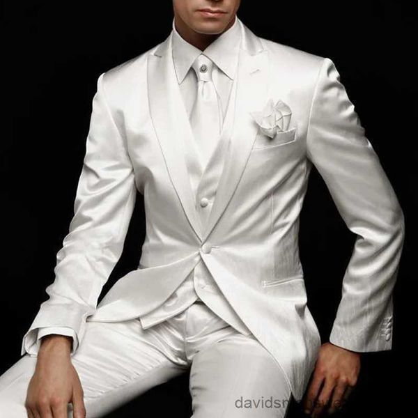 Ternos masculinos blazers casamento branco terno para noivo smoking 2023 magro ajuste ternos masculinos 3 peça festa de formatura personalizado jaqueta de cetim calças colete roupas masculinas