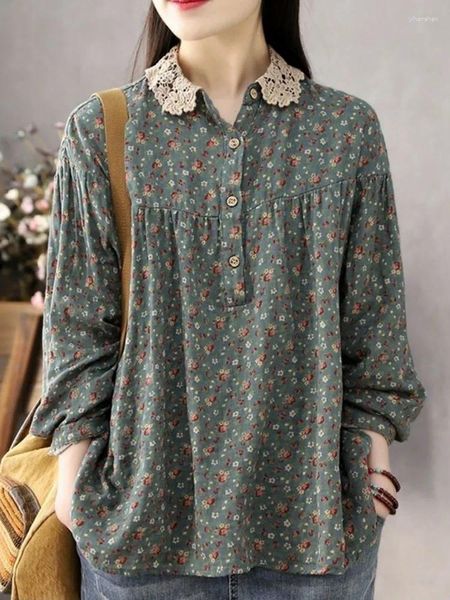 Camicette da donna Camicie casual a maniche lunghe da donna 2024 Primavera Colletto in pizzo stile vintage Stampa floreale Camicia in cotone allentato femminile