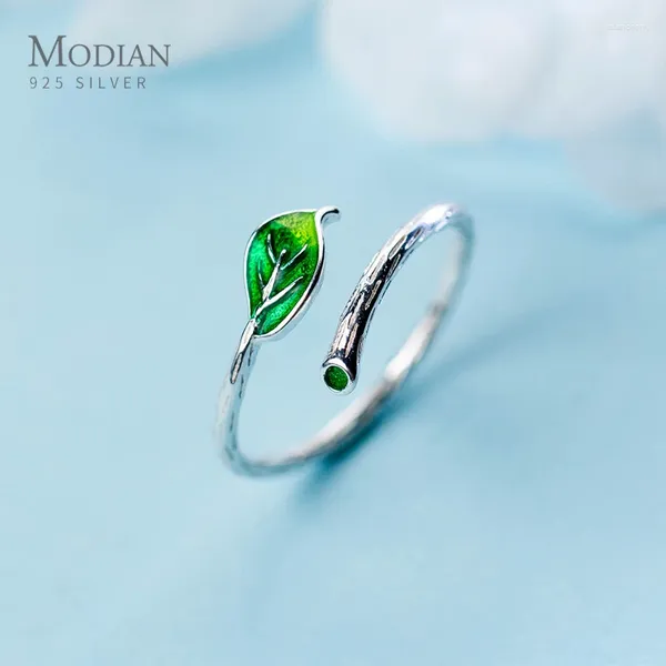 Cluster Ringe Modian Grüne Emaille Blätter Zweig Ring für Frauen Mode Echte 925 Sterling Silber Pflanze Freie Größe Feine Schmuck Geschenk