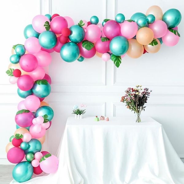 126-teiliges rosa-grünes tropisches Ballon-Girlanden-Set, hawaiianischer Luau-Flamingo-Themenballon mit Palmblättern, Hochzeit, Geburtstag, Dekoration239C